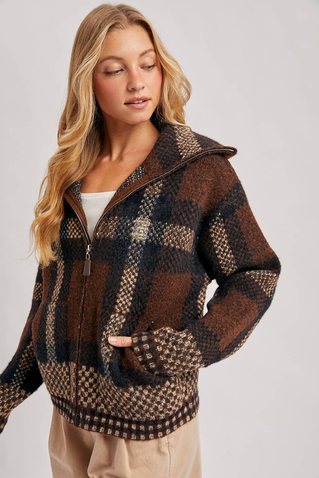 Plaid fuzzy knit sweater jacket