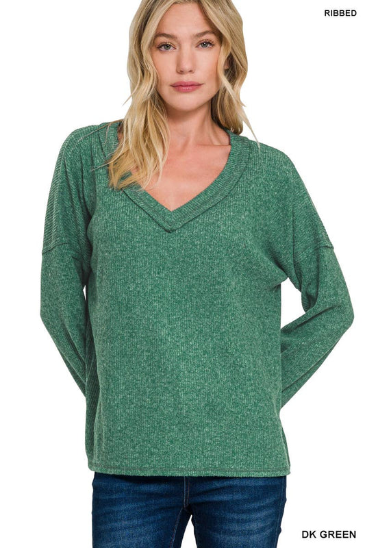 Green Ribbed V Neck Drop Shoulder Brushed top