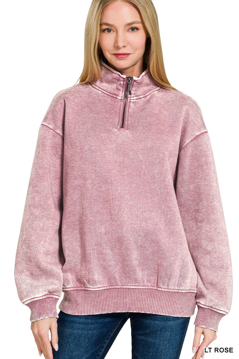 Acid Wash Fleece Half Zip Pullover Zenana