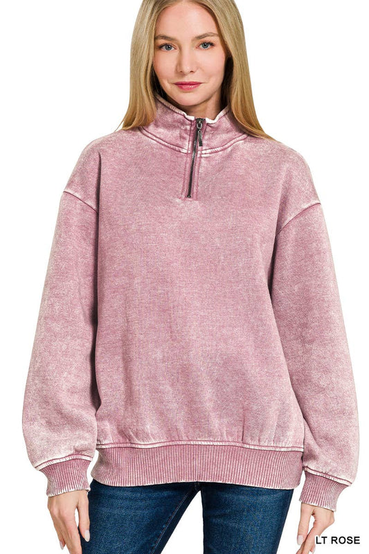 Acid Wash Fleece Half Zip Pullover Zenana