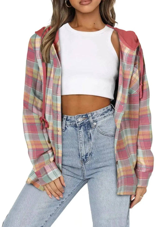 Hooded Plaid Button-Up Jacket - Casual Oversized Shacket