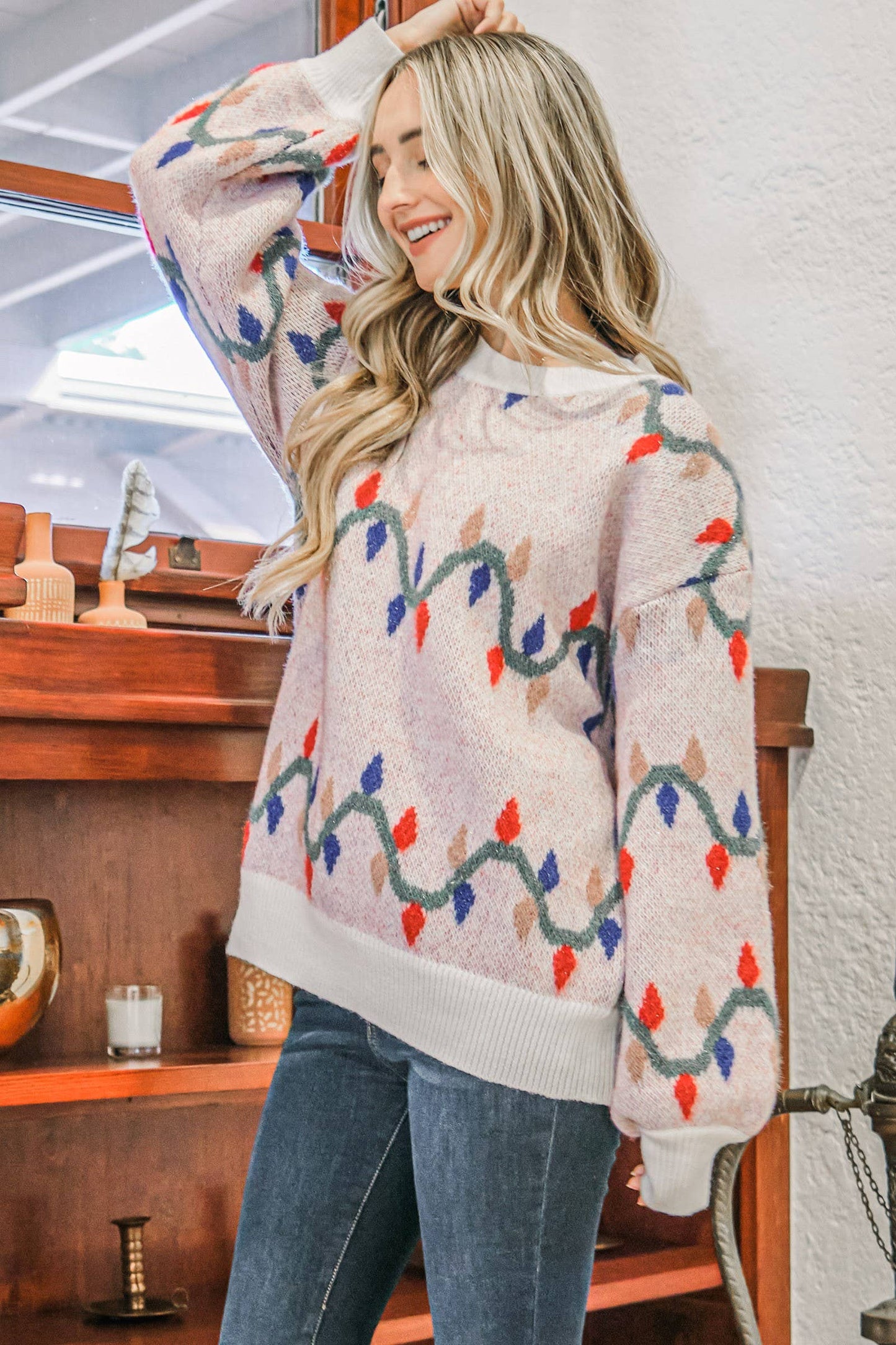 Plus Christmas Light Garland Print Sweater