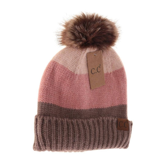 Multi Color Block Pom C.C Beanie