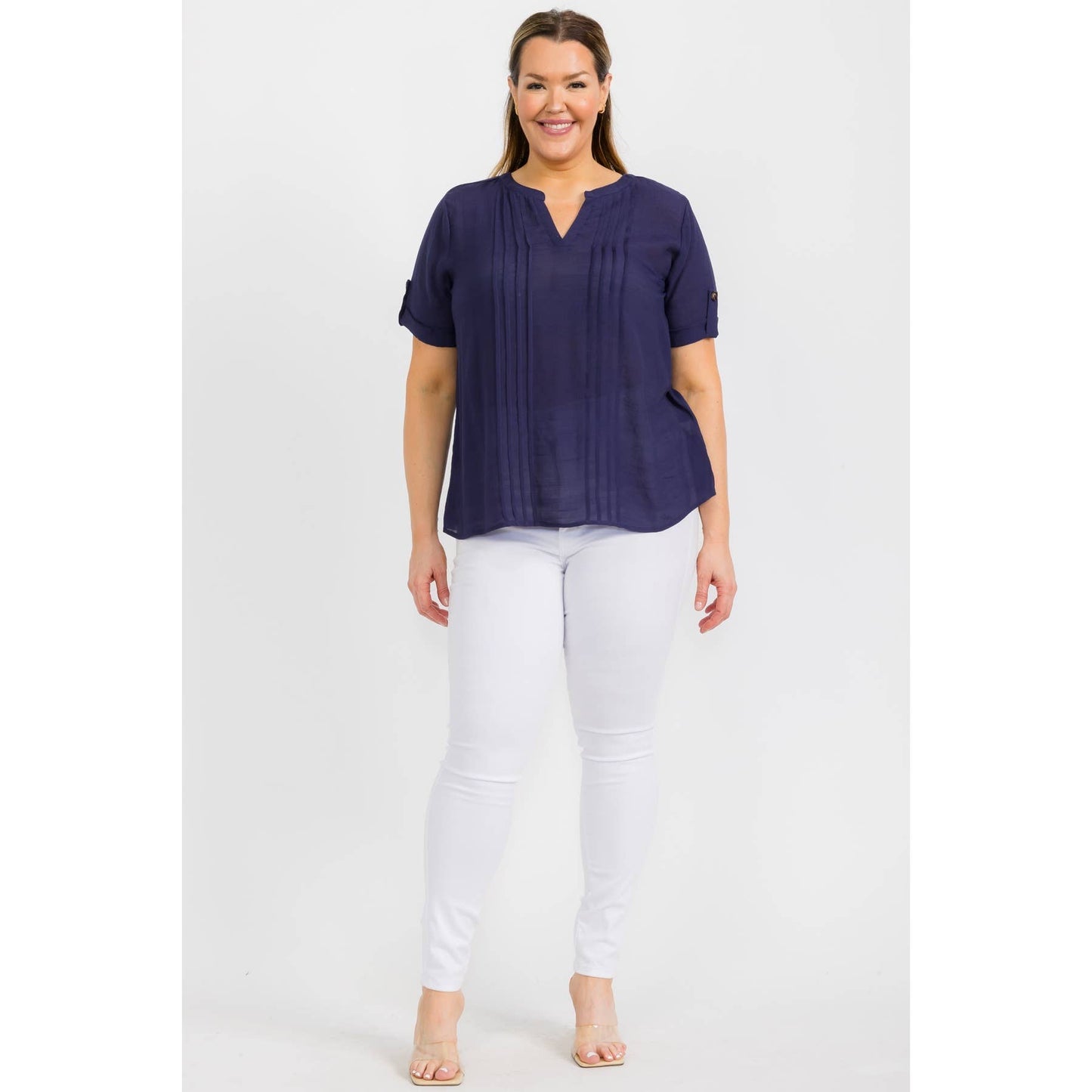 Plus- Navy pintuck top