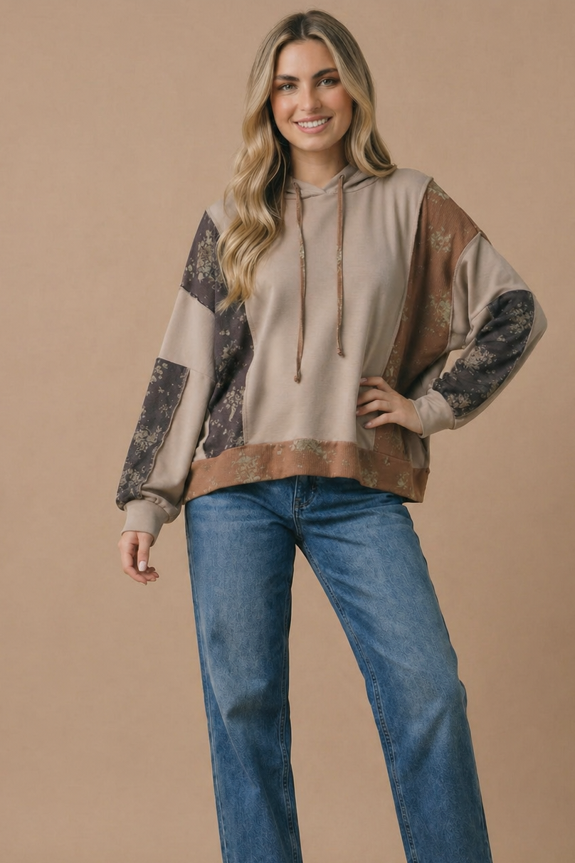 Taupe Floral Color Block hooded Top