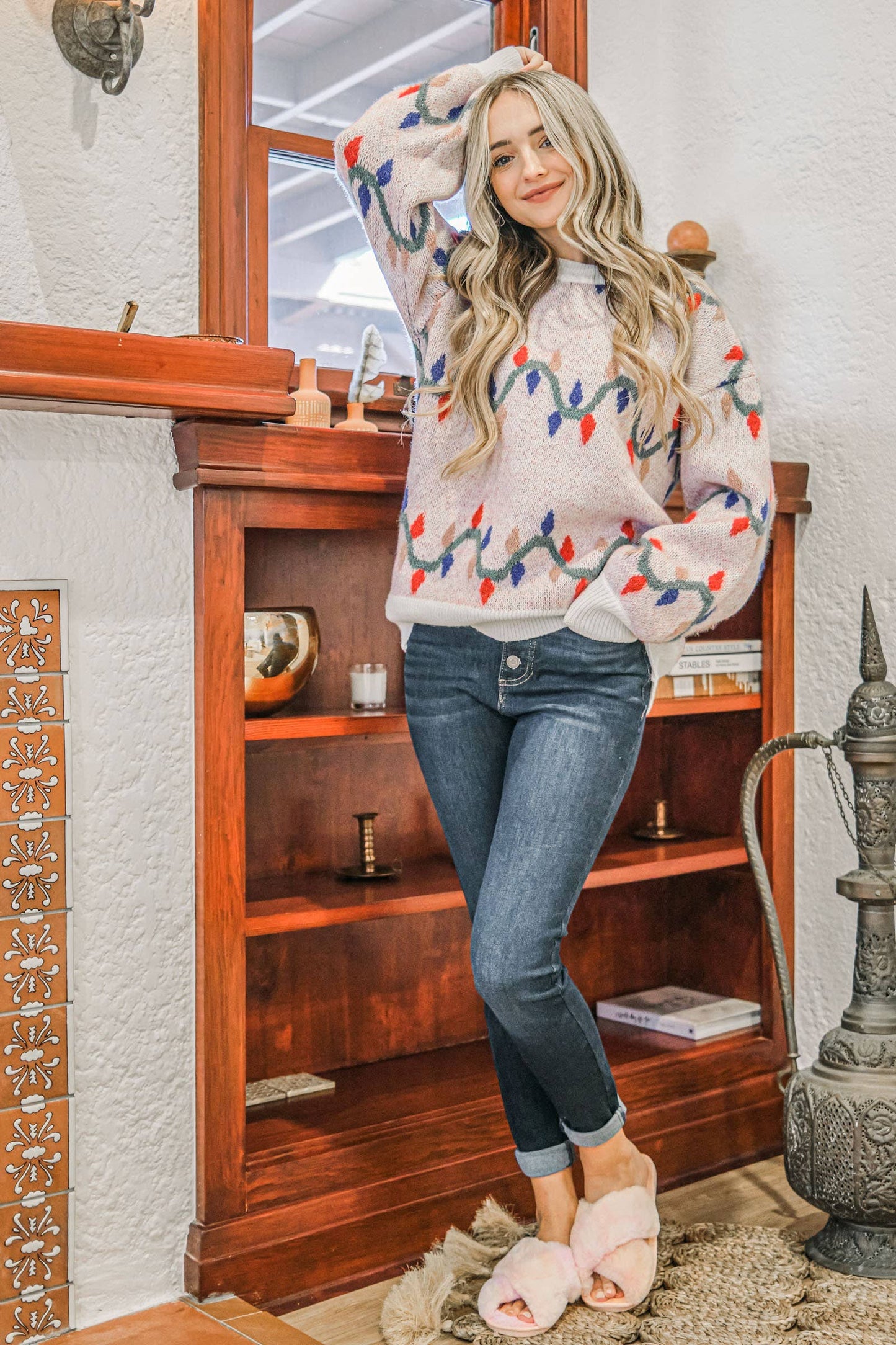 Plus Christmas Light Garland Print Sweater