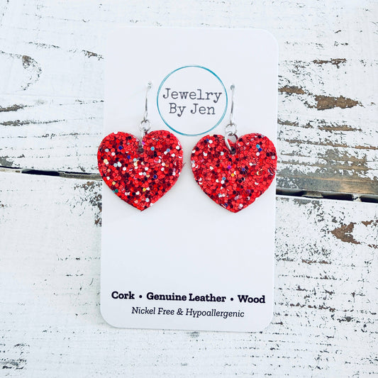 Heart Earrings: Red Confetti Glitter