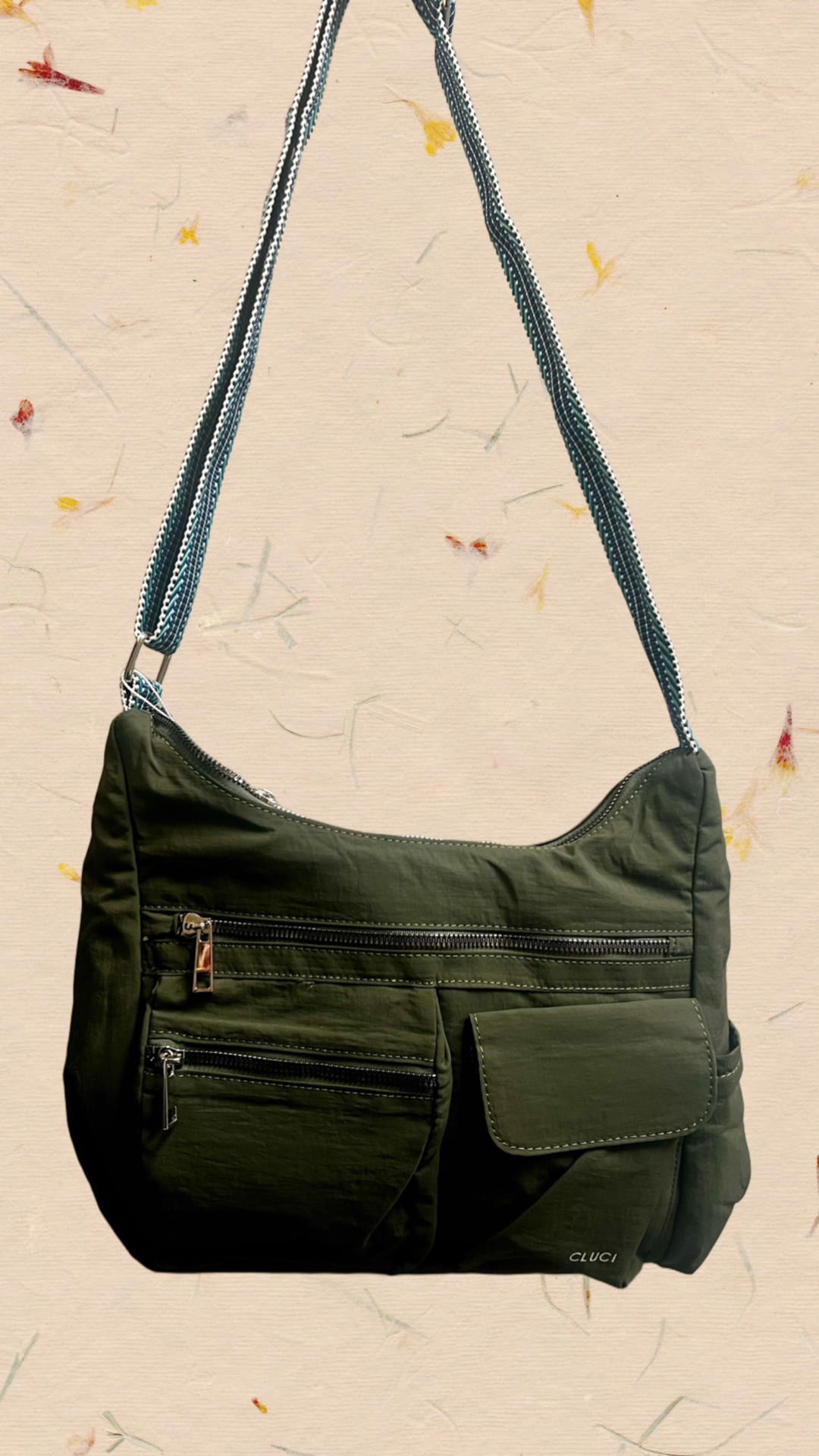 Green nylon crossbody bag