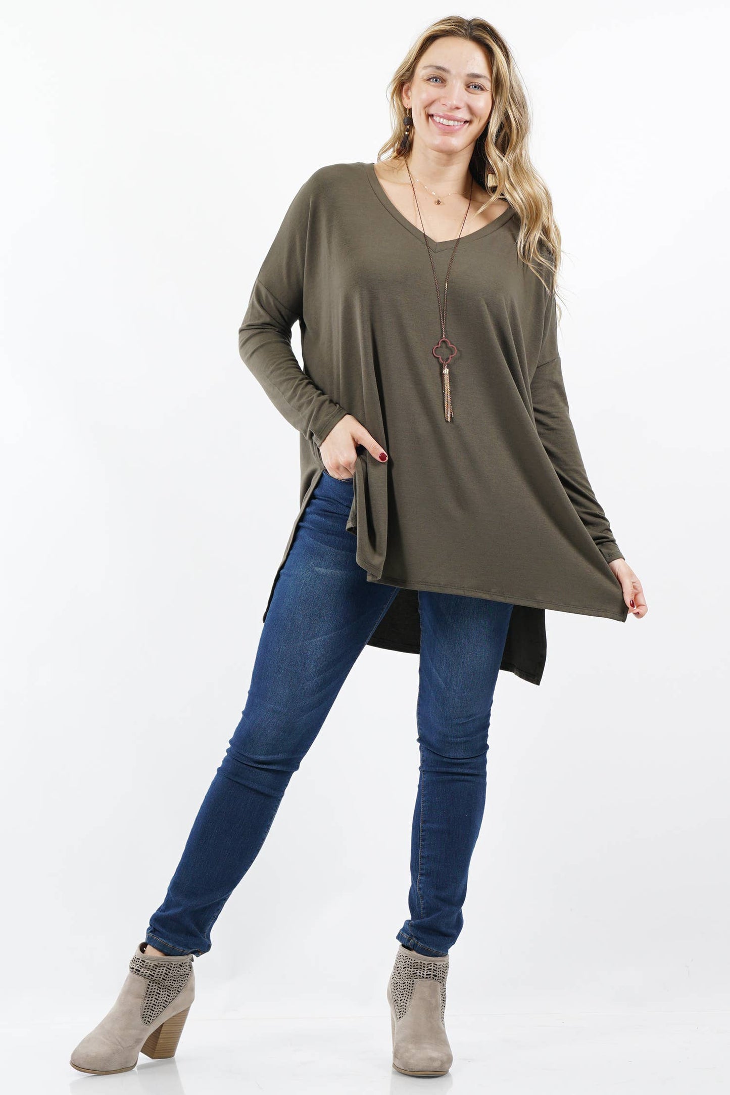 PLUS olive dolman sleeve v-neck top