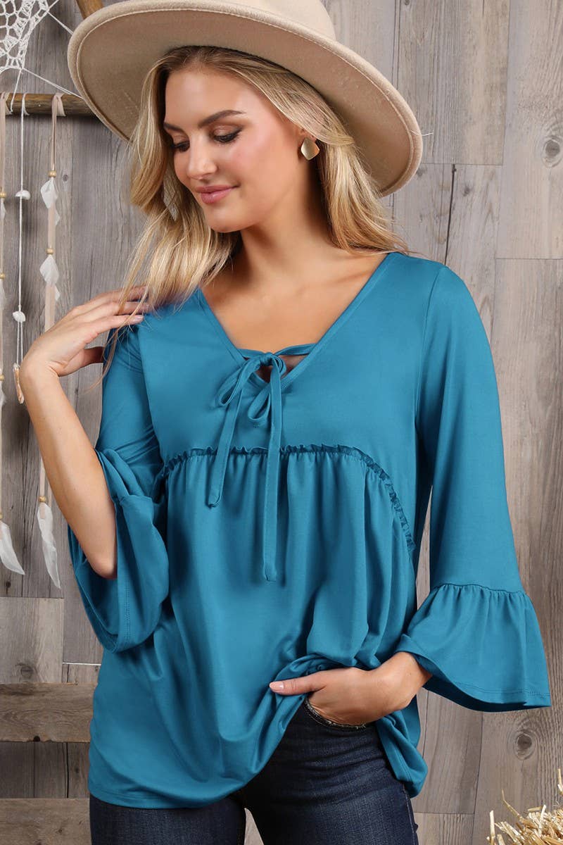 Teal ruffled neck string top