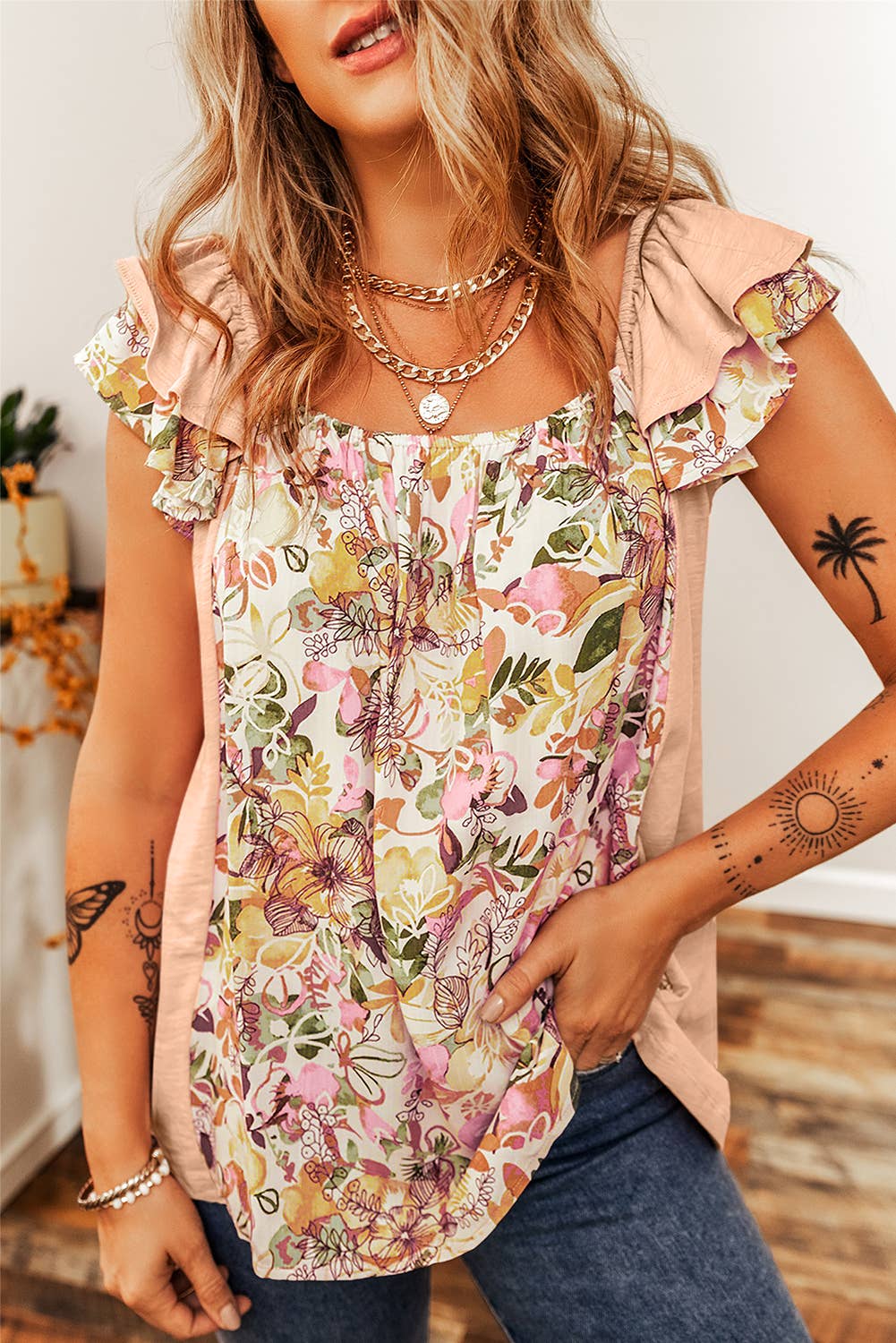 Floral Square Neck Ruffle Sleeve top