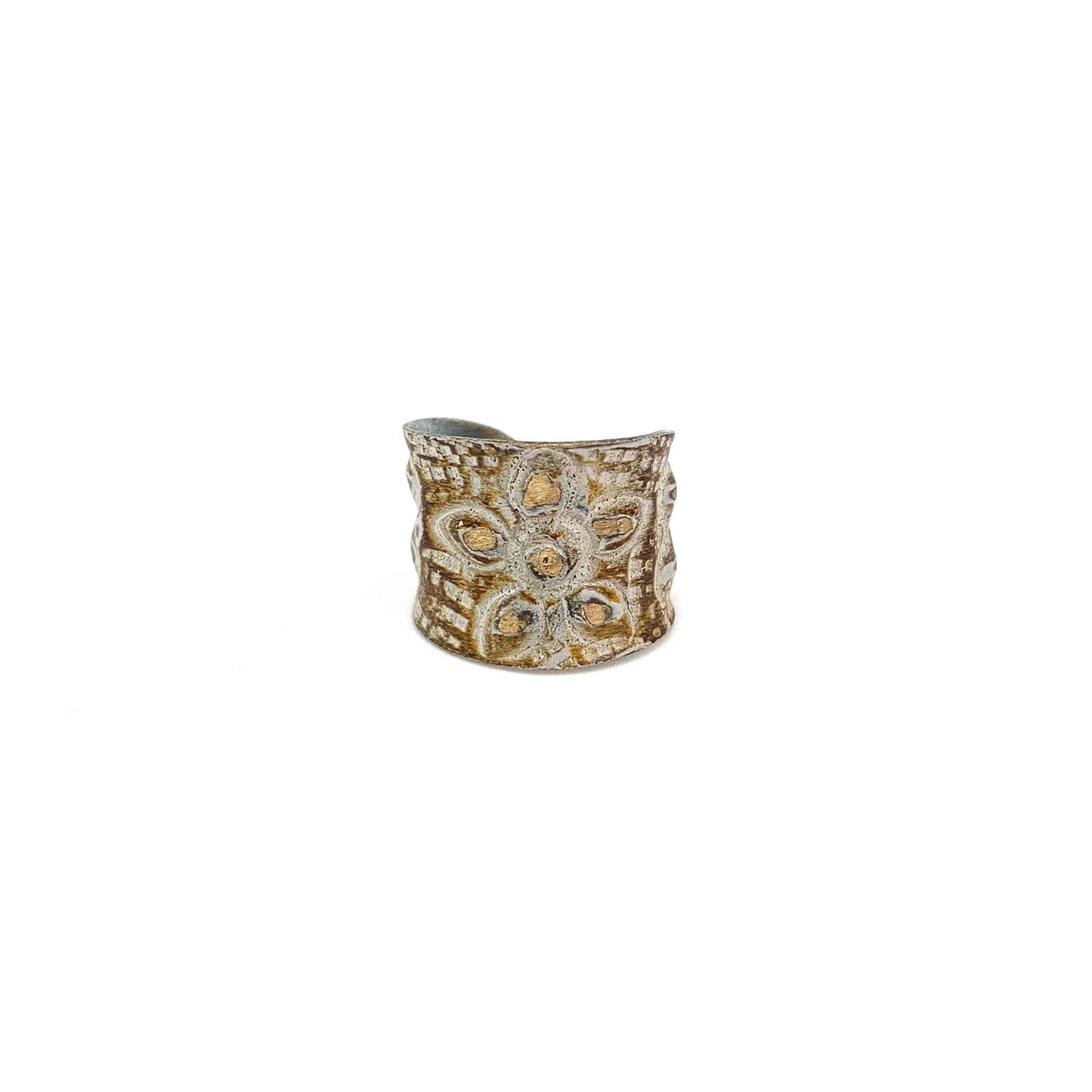 Brass Patina Ring - Warm Brown and White Large Flower