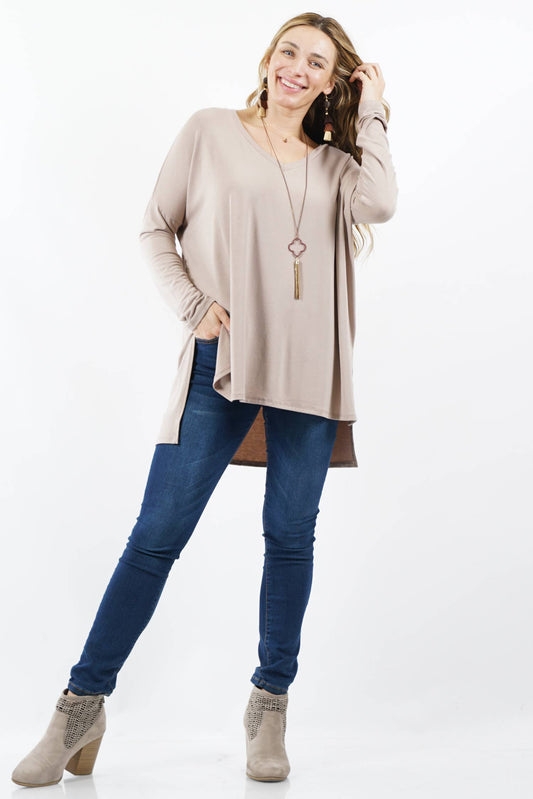 Plus dolman sleeve hi-low v-neck top