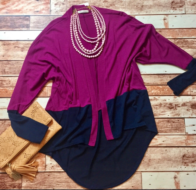 Purple and navy color block cardigan
