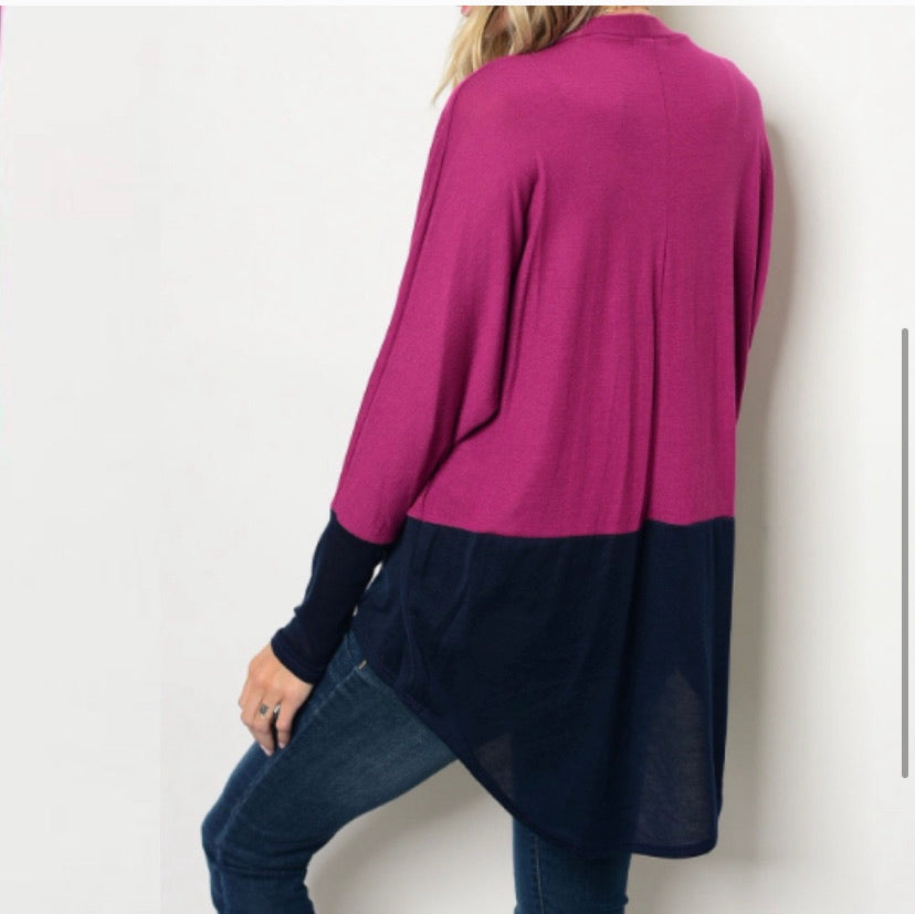 Purple and navy color block cardigan