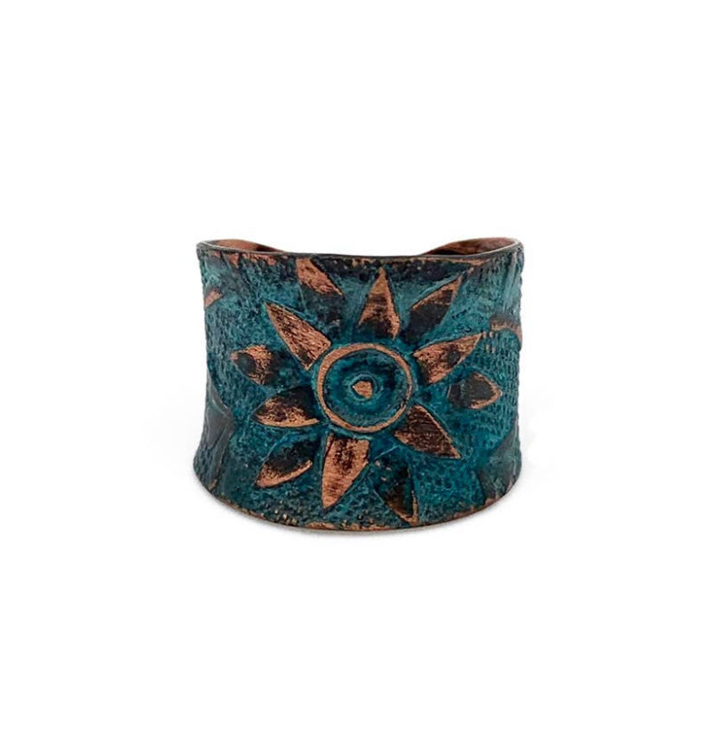 Teal sunflower copper patina ring
