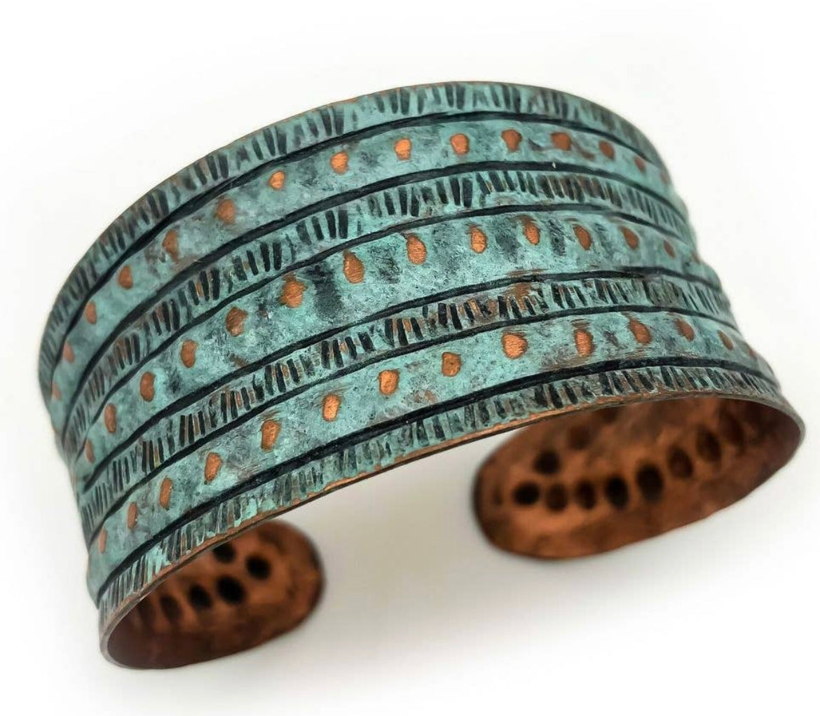 Rivet stripes copper patina bracelet