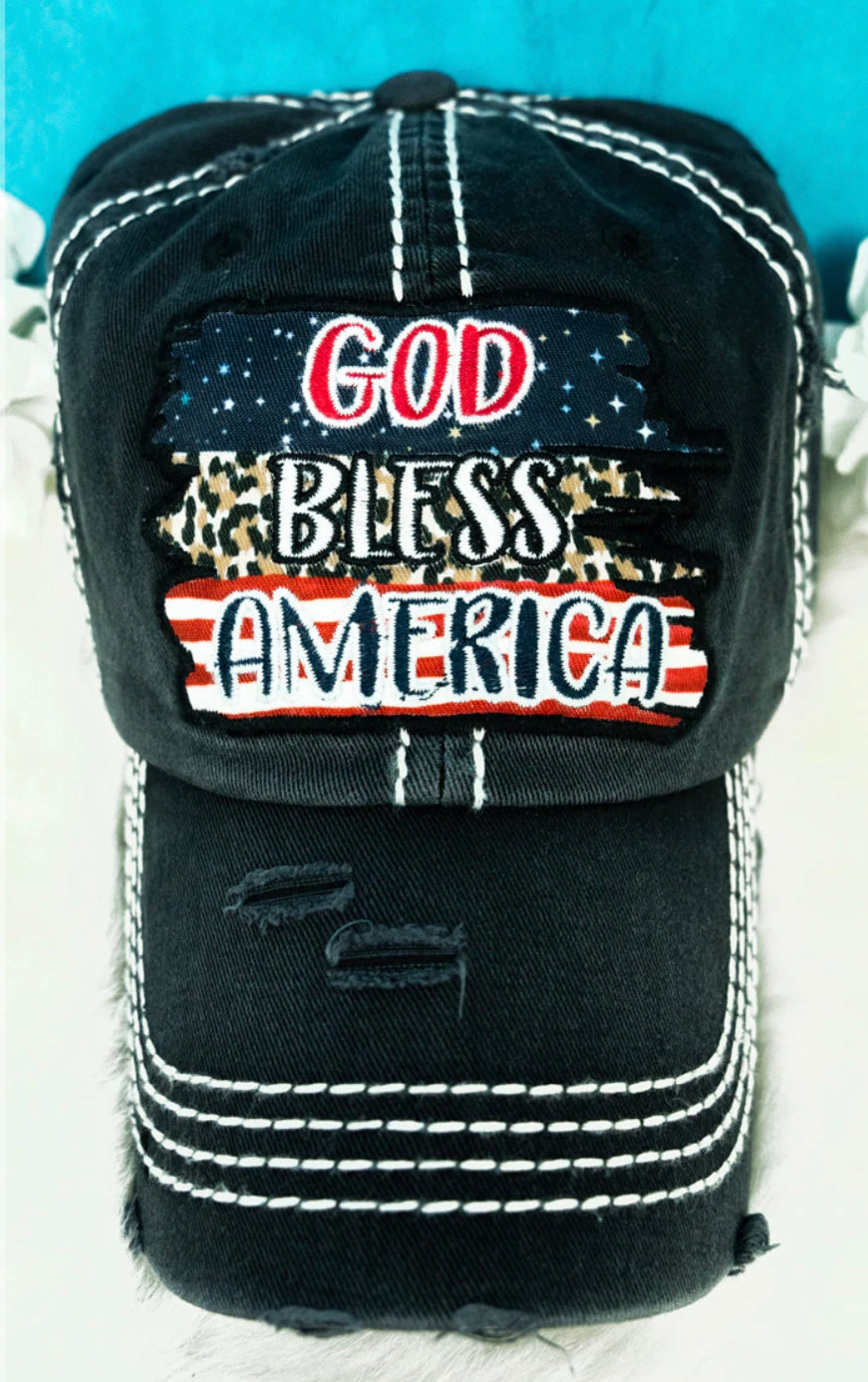 DISTRESSED BLK GOD BLESS AMERICA' HAT